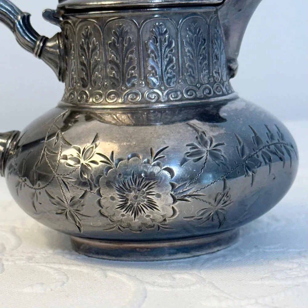 James W Tufts Boston Antique Quadruple Plate Silver Teapot Creamer Floral 1948